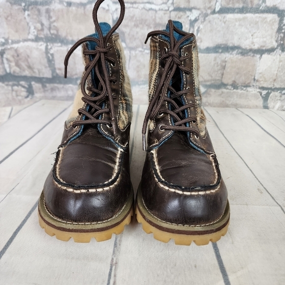 Rocket Dog Chunky Ankle Boot Lace Up Vegan Leather Plaid Fabric Size 6 1/2 Brown - Picture 9 of 12